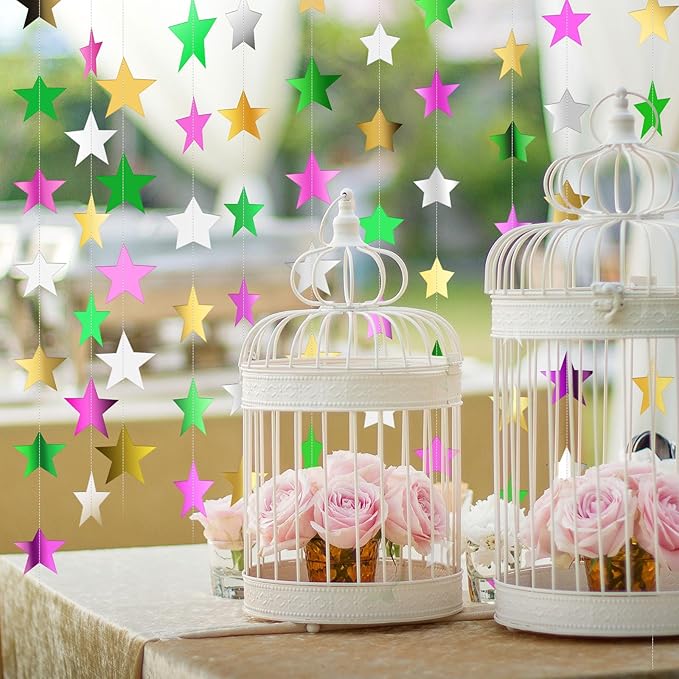 Patelai Glitter Star Garland Banner New Years Decor 130 Feet Star Hanging Banner Twinkle Backdrop for Birthday Classroom Wedding Halloween Christmas Party Supplies(Green,Pink,Gold,Silver)
