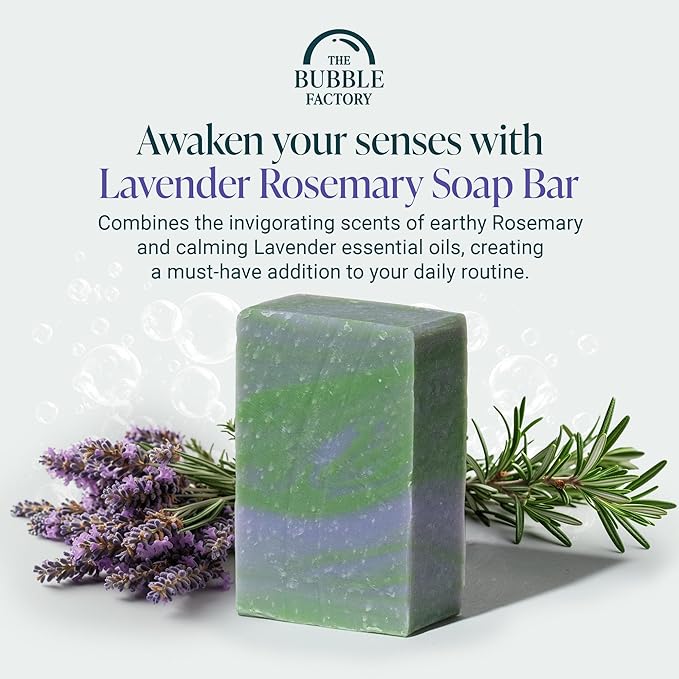 The Bubble Factory Handmade Natural Bath & Body Soap Bar, Vegan, All-Natural, Palm Oil Free, Made in USA with Shea Butter + Essential Oils, Lavender Rosemary, 3 Bars