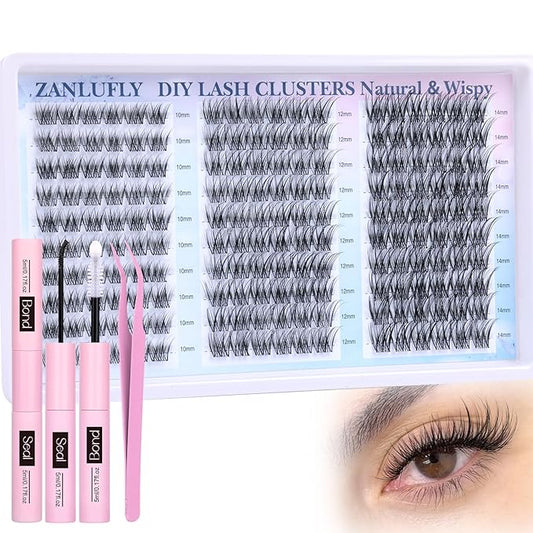 Wispy Lash Clusters Kit Natural Lash Extension Kit DIY Eyelash Extension Kit 10-14MM Individual Lashes Thin Band Eyelash Clusters with Lash Cluster Glue and Tweezers by zanlufly