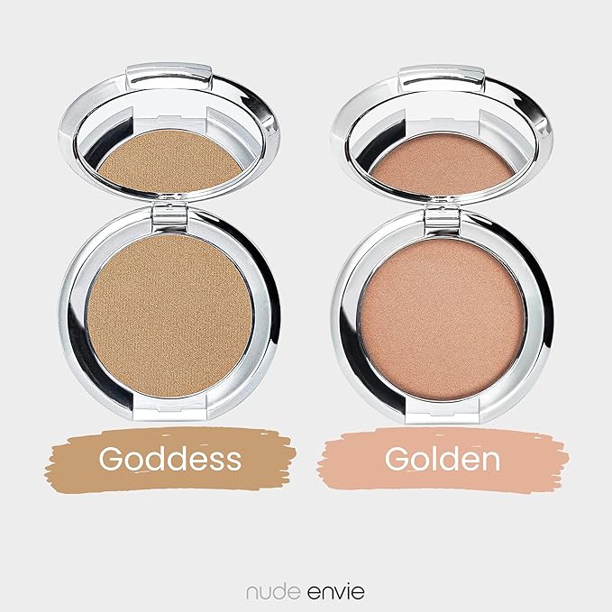 Nude Envie - Powder Highlighter - Velvety Texture & Easy Application - Smooth, Buildable, Shimmer Finish - Infused With Crushed Pearls - Mirror Compact - Vegan, Paraben-Free & Cruelty-Free - Goddess