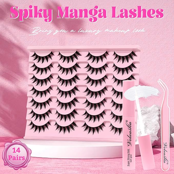 Veleasha Lashes Manga Spiky Natural Eyelashes Kit with Waterproof Lash Glue and Lash Tweezers Anime False Eyelashes 14 Pairs 3D Soft 100% Handmade Fairy Manhua Lashes (3D11-Kit)