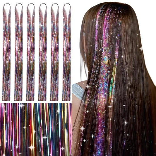 WENNALIFE Hair Tinsel for Girls, Mix 3 Colors Fairy Kit 1200 Strands 6PCS 48 Inch Heat Resistant Glitter Tinsel Hair Extensions Kit Christmas Feathers Sparkle Strands