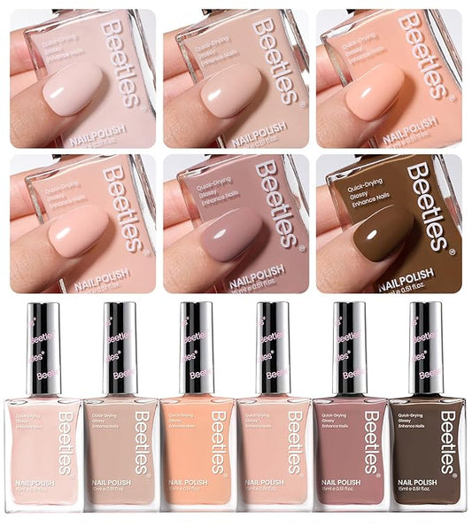 Beetles Nude Nail Polish Set Coconut Mousse 6Pcs, Pink Nail Fast Drying Long Lasting Neutral Brown Red Burgundy Dark Lacquer Glossy for Salon-Quality Results