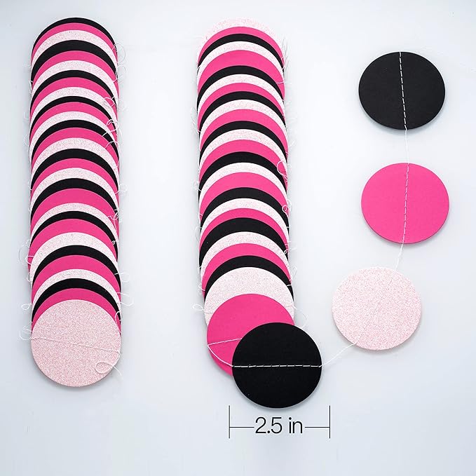 WEVEN Hot Pink Black Iridescent Glitter Paper Garland Circle Dot Streamers Party Banner for Birthday Decorations Supplies, 2.5" in Diameter, 20 Feet in Total