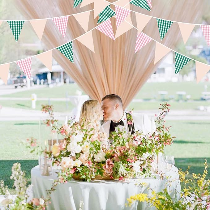 32Ft Pink Green Gingham Camp Bride Banner Green Pink Plaid Checkered Fabric Triangle Flag Pennant Garland Streamers for Camping Bachelorette Glamping Baby Shower Wedding Birthday Party Decorations