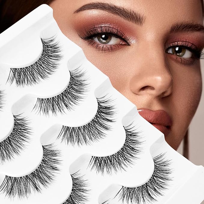 Wispy Lashes Natural Look Cat Eye Lash NINGLASH False Eyelashes Clear Band Fake Eyelash 14mm Faux Lashes Strips 5 Pairs Lash Pack