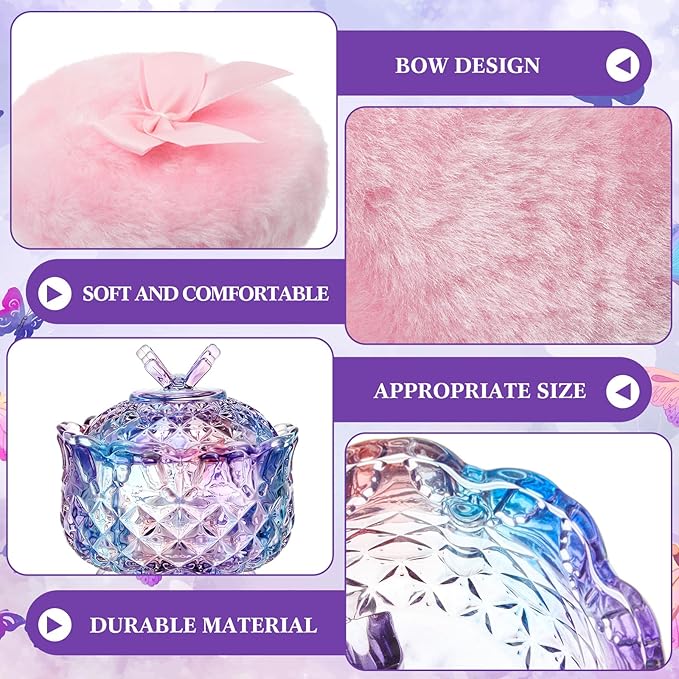 Tioncy 3 Pcs Large Body Powder Puff and Container Powder Container with Puff Powder Puff Crystal Container Soft Washable Reusable Velour Face Body Glitter Powder Puff Wet Dry Makeup(Butterfly, Purple)