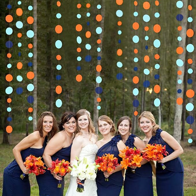 46 Ft Navy Blue Orange and Teal Circle Dots Garland Royal Blue Orange Aqua Polka Dot Hanging Paper Streamer for Birthday Wedding Bridal Baby Shower Outer Space Galaxy Theme Party Decorations Supplies