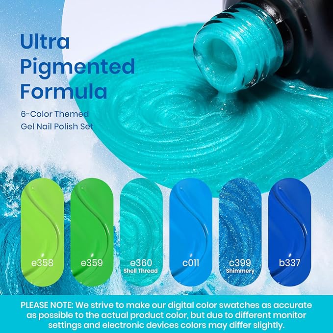 Beetles Blue Gel Nail Polish, 6 Colors Swirl Pacific Blue Glitter Blue Green Gel Polish Swirl Shell Thread Effect Soak Off Nail Art Design Salon Home Manicure Gift for Girls Women