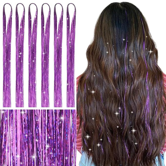 WENNALIFE Hair Tinsel for Girls, Light Purple Fairy Kit 1200 Strands 6PCS 48 Inch Heat Resistant Glitter Hair Extensions Kit Christmas Feathers Sparkle Strands