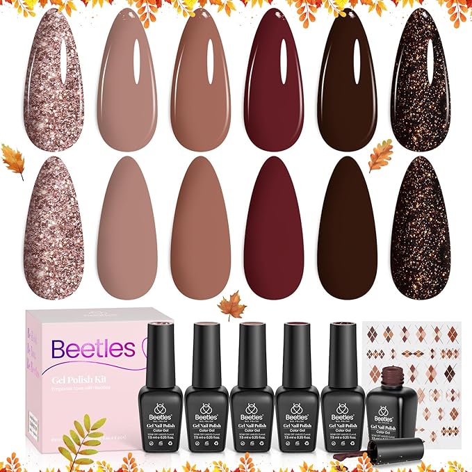 Beetles Fall Gel Polish Set Dark Brown Gel Nail Polish 6 Colors Glitter Burgundy Red Gold Black Sparkle Nail Kit Soak Off Led Manicure DIY Home Salon Gifts for Girls Women Academia Aesthetic