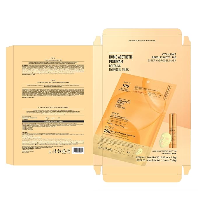 VT COSMETICS Vita-Light Reedle Shot 100 2-Step Hydrogel Mask(34.5gx4ea), Intensive Glowing, Exosome Glutathione Face Mask, Overnight Melting Mask, Korean Facial Mask