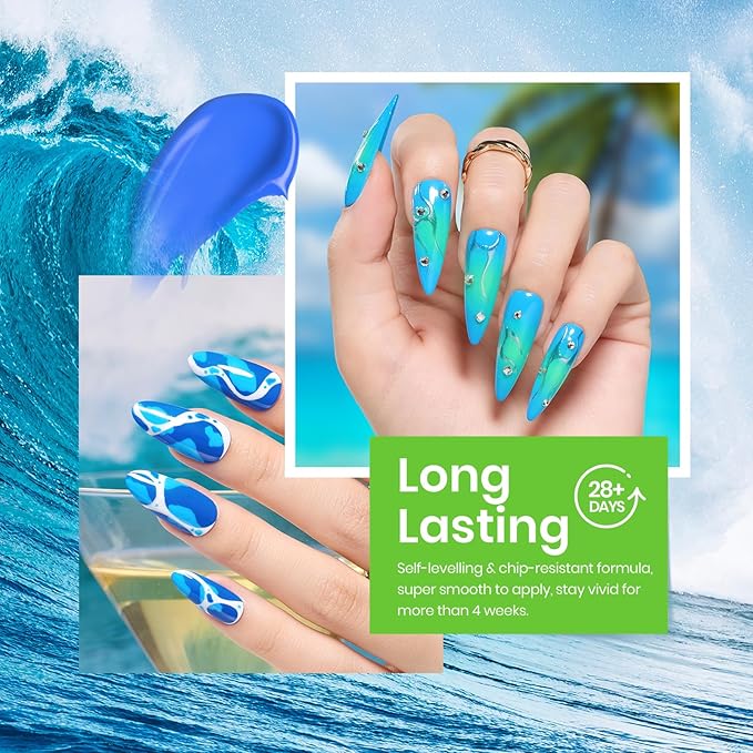 Beetles Blue Gel Nail Polish, 6 Colors Swirl Pacific Blue Glitter Blue Green Gel Polish Swirl Shell Thread Effect Soak Off Nail Art Design Salon Home Manicure Gift for Girls Women