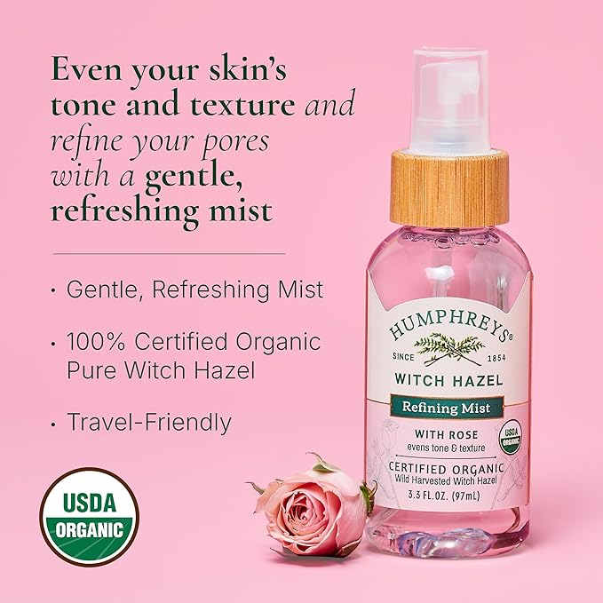 Humphreys Witch Hazel Refining Toner Mist Spray | Pore-Refining Facial Toner | USDA Organic| Soothing Rose Water | Travel Size 3.3 Fl Oz | Vegan & Cruelty-Free | for All Skin Types