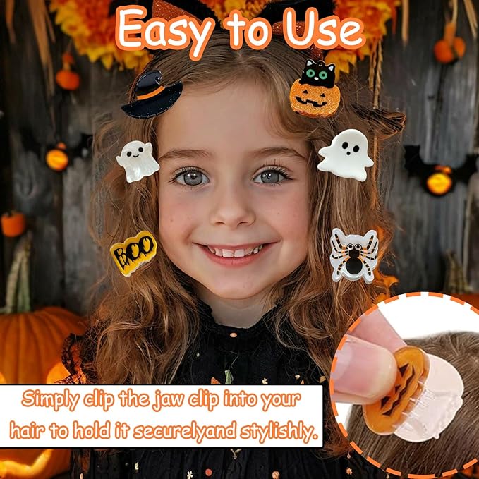 10 Pcs Halloween Hair Claw Clips Cat Spider Small Claw Clip Forehead Bangs Broken Cute Ghost Pumpkin Eyes Hat Shape Non Slip Mini Hair Clips Alloy Side Barrettes for Women Thin Medium Short Hair