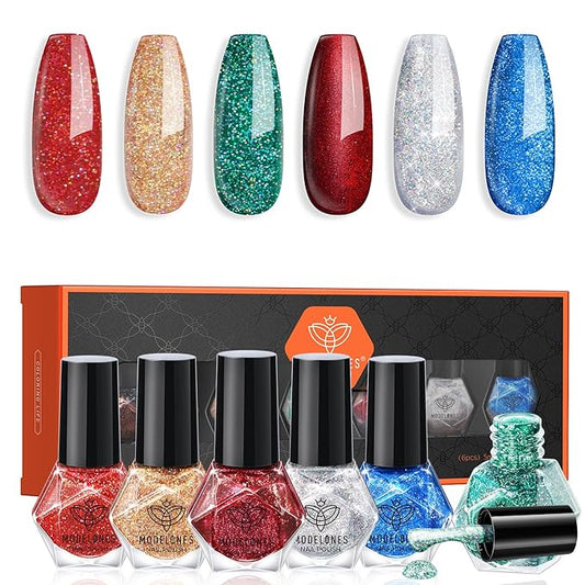 modelones New Year Nail Polish Set 6 Colors, Red Green Burgundy Gold Silver Blue Glitter Quick Dry Mini Nail Lacquer Kit with Christmas Stickers, Sparkle Winter Nail Art Manicure Gift for Girls Women