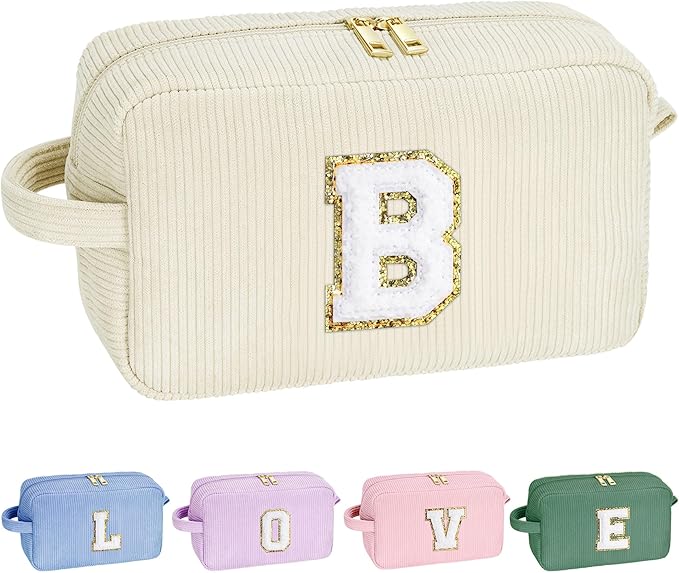 YOOLIFE Daughter Gifts Initial Makeup Bag - Cosmetic Bag Makeup Bag Makeup Pouch Make Up Bag Makeup Bags for Women Corduroy Makeup Bag Cute Makeup Bag Personalized Gifts for Women Her White Letter B