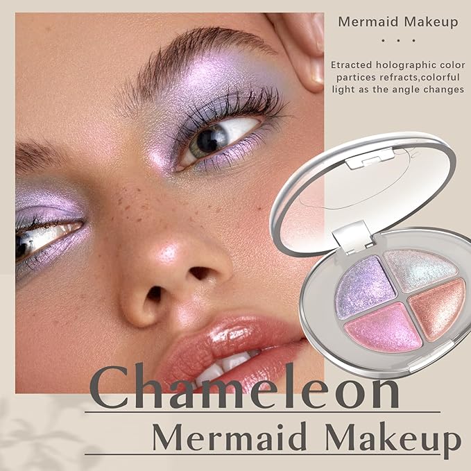 4 Colors Holographic Multichrome Glitter Eyeshadow Palette, Chameleon Purple Pink Mermaid Rose Gold Glitter Iridescent Baked Eyeshadow Powder, Smooth Shimmer Face Highlighter Fairy Makeup 02