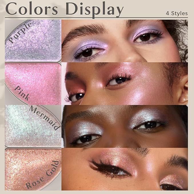 4 Colors Holographic Multichrome Glitter Eyeshadow Palette, Chameleon Purple Pink Mermaid Rose Gold Glitter Iridescent Baked Eyeshadow Powder, Smooth Shimmer Face Highlighter Fairy Makeup 02