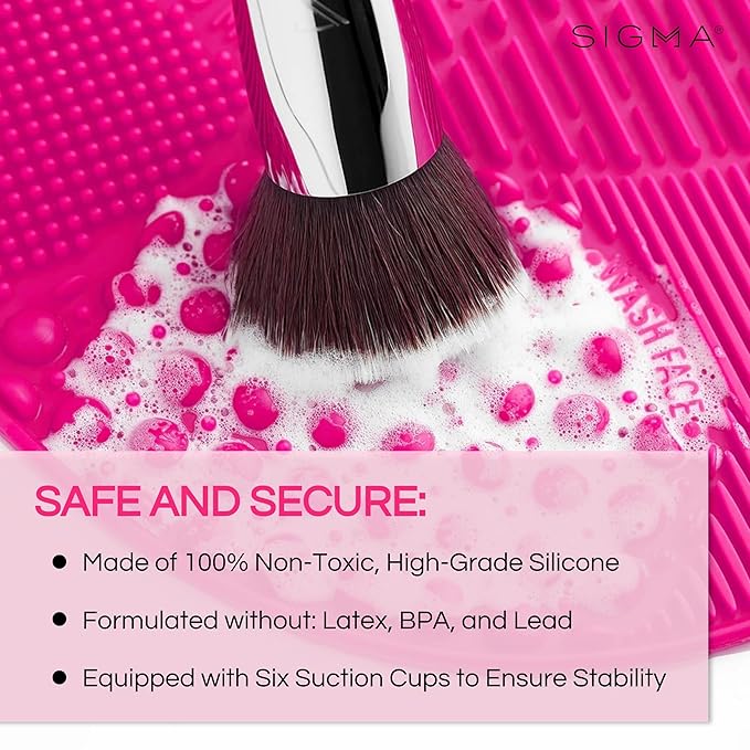 Sigma Beauty Makeup Brush Cleaner Mat – Sigma Spa Express Silicone Makeup Brush Cleaning Mat with Suction Cups for Cleaning Makeup Brushes, Compact Design Fit for Any Travel Makeup Kit (Pink)