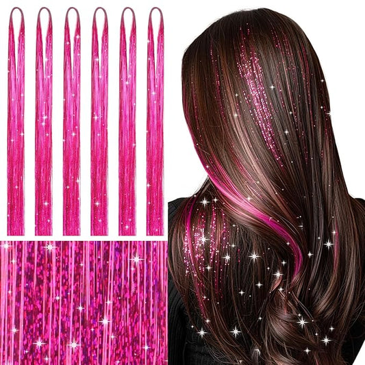WENNALIFE Hair Tinsel for Girls, Rose Red Fairy Kit 1200 Strands 6PCS 48 Inch Heat Resistant Glitter Tinsel Hair Extensions Kit Christmas Feathers Sparkle Strands