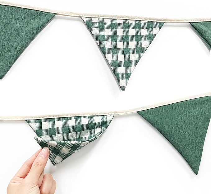 2 Sets Green Pennant Banner Flags 24Pcs Green Buffalo Plaid Striped Nursery Garland Linen Fabric Gingham Triangle for Baby Playroom Decor Kids Checkered Birthday Golf Baby Shower Party Decorations