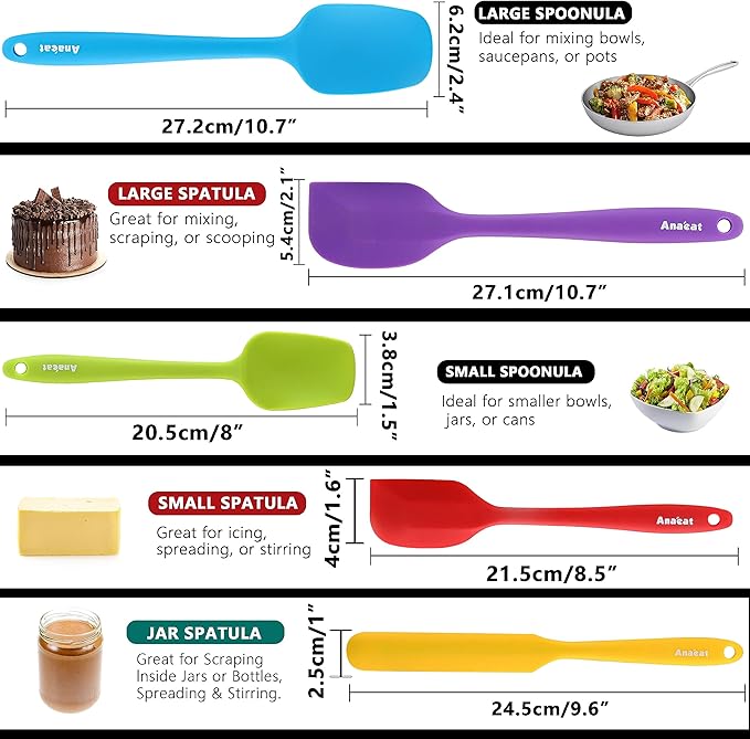 Anaeat Silicone Spatula Set of 5 - Seamless One-Pieces Design, Non-Stick Rubber Spatulas BPA Free Kitchen Scraper Flexible for Easy Baking, Cooking, Scraping & Mixing, Heat Resistant & Dishwasher Safe
