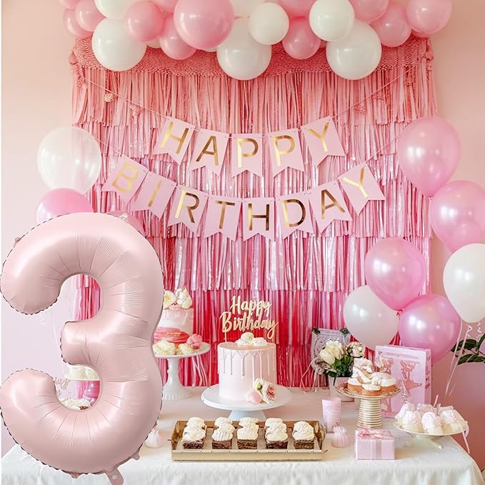 Pink Number 3 Balloon, 40 Inch Giant Pastel Light Pink Number Balloons 0-9 for Girls, Self Inflating Helium Foil 3rd Birthday Balloon 3 for Anniversary Baby Shower Coquette Princess Party Decorations