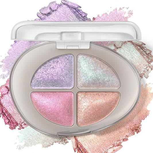 4 Colors Holographic Multichrome Glitter Eyeshadow Palette, Chameleon Purple Pink Mermaid Rose Gold Glitter Iridescent Baked Eyeshadow Powder, Smooth Shimmer Face Highlighter Fairy Makeup 02