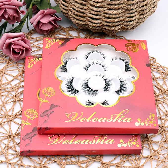 Veleasha Lashes 5D Faux Mink Lashes False Eyelashes Handmade Eye Lashes Wispy Fluffy Fake Lashes Dramatic Eyelashes Luxurious Volume Fake Eyelashes 7 Pairs Pack (5D09)