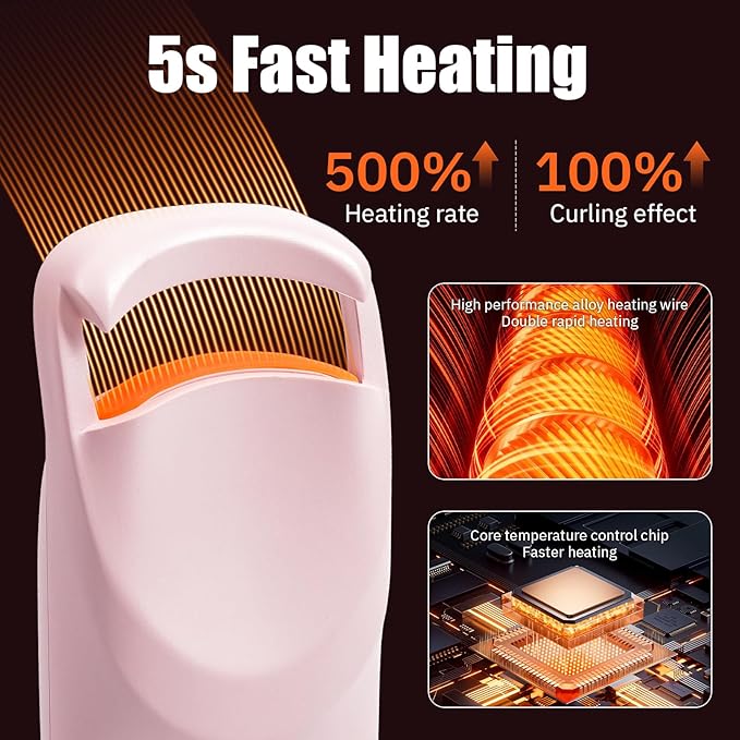 Upgrade Heated Eyelash Curler, Electric Eyelash Curler with 5s Fast Heating, Type-C Rechargeable, LMini Lash Curler, Long-Lasting Lash Lift, Natural Style, Heat-Sensitive Pad (Pink)