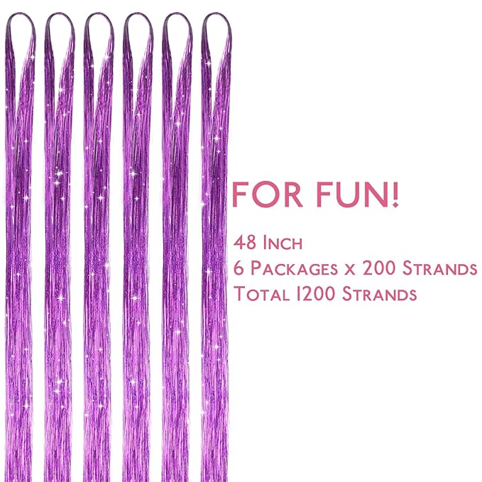 WENNALIFE Hair Tinsel for Girls, Light Purple Fairy Kit 1200 Strands 6PCS 48 Inch Heat Resistant Glitter Hair Extensions Kit Christmas Feathers Sparkle Strands