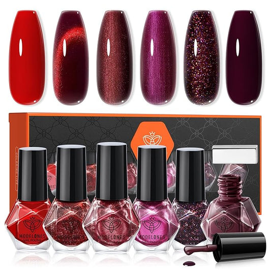 modelones Nail Polish Set 6 Colors, Dark Red Christmas Cat Eye Burgundy Glitter Quick Dry Mini Nail Lacquer Kit Magnetic Maroon Purple Cherry DIY Home Nail Art Manicure Gifts for Women Girls