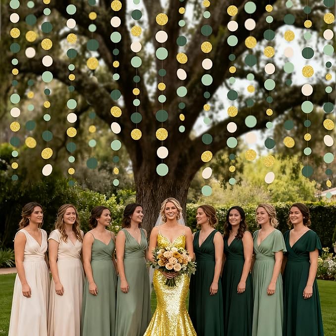 Sage Green Gold Beige Party Polka Dot Garlands Oilve Green Glitter Gold Hanging Paper Circle Dots Streamer for Baby Shower Birthday Wedding Engagement Retirement Boho Safari Party Decorations Supplies