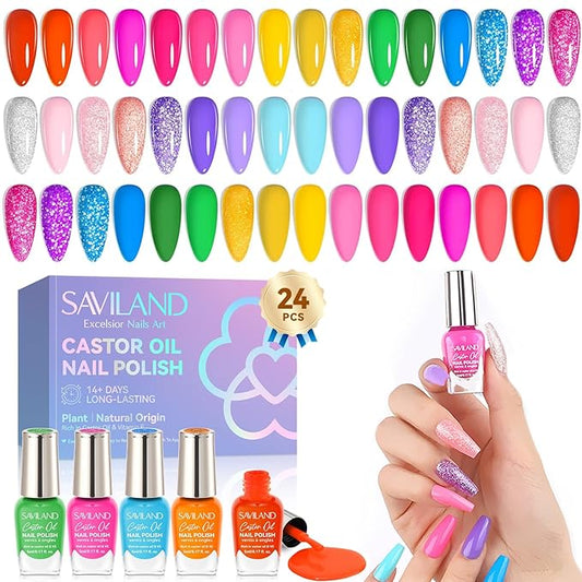 SAVILAND Nail Polish Set Quick-Dry: 24 Summer Color Regular Nail Polish Kit Pink Red Yellow Neon Glitter Nails Polish Non Gel Castor Oil Vitamin E Nail Lacquer Home Set Women