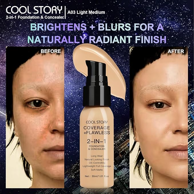 2-in-1 Foundation and Concealer Long Wear Natural Matte Finish Lightweight Coverage (Light Medium)