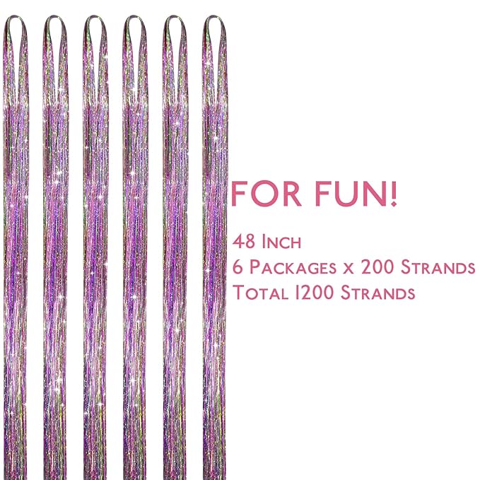 WENNALIFE Hair Tinsel for Girls, Rainbow Fairy Kit 1200 Strands 6PCS 48 Inch Heat Resistant Glitter Tinsel Hair Extensions Kit Christmas Feathers Sparkle Strands