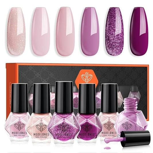 modelones Purple Nail Polish Set 6 Colors, Glitter Pink Shimmer Sparkle Mini Nail Lacquer Kit, Infinite Shine Quick Dry Long Lasting Nail Art DIY Home Salon Manicure Gift for Women Girls