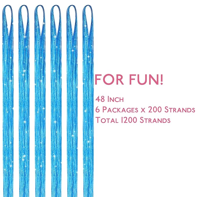 WENNALIFE Hair Tinsel for Girls, Sky Blue Fairy Kit 1200 Strands 6PCS 48 Inch Heat Resistant Glitter Tinsel Hair Extensions Kit Christmas Feathers Hair Sparkle Strands