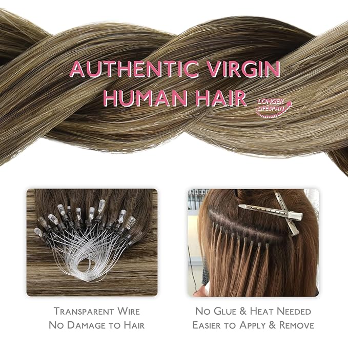 WENNALIFE Microlink Hair Extensions Human Hair, 50g 50s 22 Inch Balayage Chocolate Brown to Caramel Blonde Remy Micro Bead Hair Extensions Real Human Hair Micro Loop Micro Ring Hair Straight Microlink