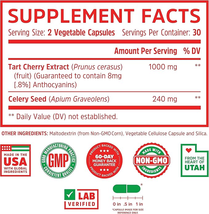 Zhou Tart Cherry Extract + Celery Seed - Tart Cherry Capsules for Men & Women, Tart Cherry Concentrate Pills for Sleep & Uric Acid Cleanse, 1000mg Per Pill - 60 Veggie Capsules (Pack of 1)
