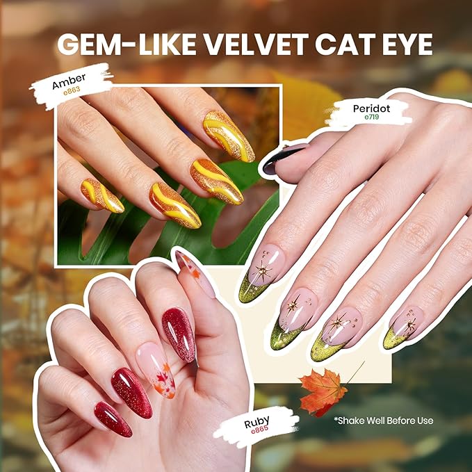 Beetles Cat Eye Gel Nail Polish Set, 6 Colors Red Burgundy Gel Olive Green Cat Eye and Pearl Nail Polish with Magnet Soak Off LED Nail Art Kit DIY Salon at Home Winter Gifts for Women