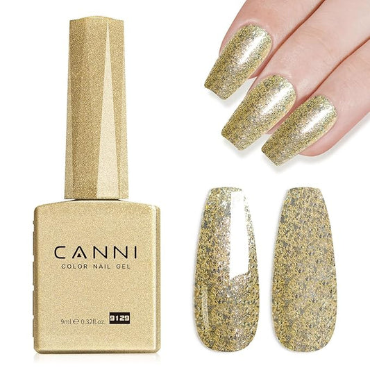 CANNI Gold Glitter Gel Polish – 9ML Chunky Sparkly Soak-Off UV/LED Nail Gel, Golden Flakes Finish for DIY Manicure, French Tips, or Salon Use