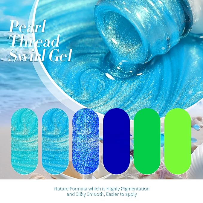 BORN PRETTY 6 Colors Shimmer Swirl Pacific Blue Glitter Blue Green Gel Polish Swirl Shell Thread Effect Soak Off Nail Art Design Salon Home Manicure Gift