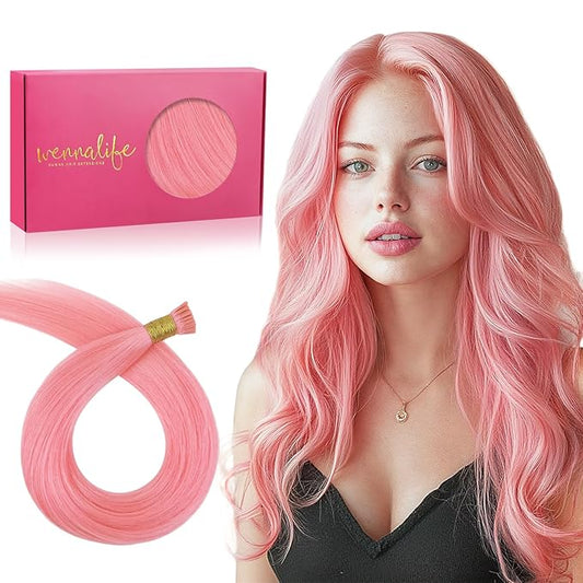 WENNALIFE I Tip Hair Extensions Human Hair, 50g 100s 14 Inch Peach Pink Remy Itip Human Hair Extensions Invisible Itips Straight I Tips Fusion Extensions Real Human Hair