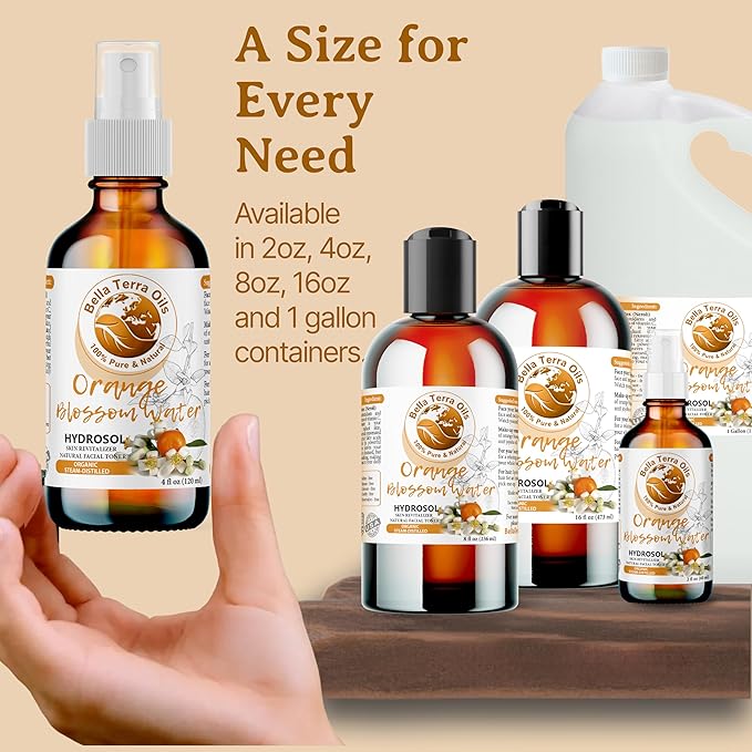 Bella Terra Oils - Organic Neroli Water 8 oz - A Gem of Hydrosol Waters, Infused with Limonene & Linalool, Revel in the Magic of Orange Blossom Toner