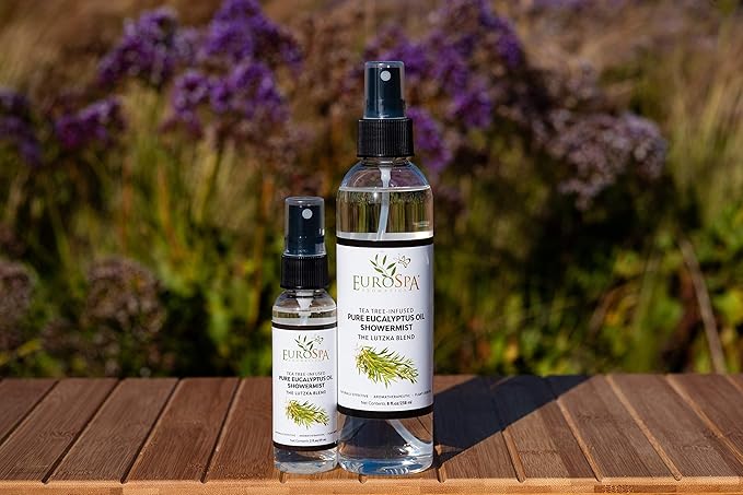 EuroSpa Aromatics Pure Eucalyptus Oil ShowerMist and Steam Room Spray, All-Natural Premium Aromatherapy Essential Oils - Tea Tree Infused, 2oz
