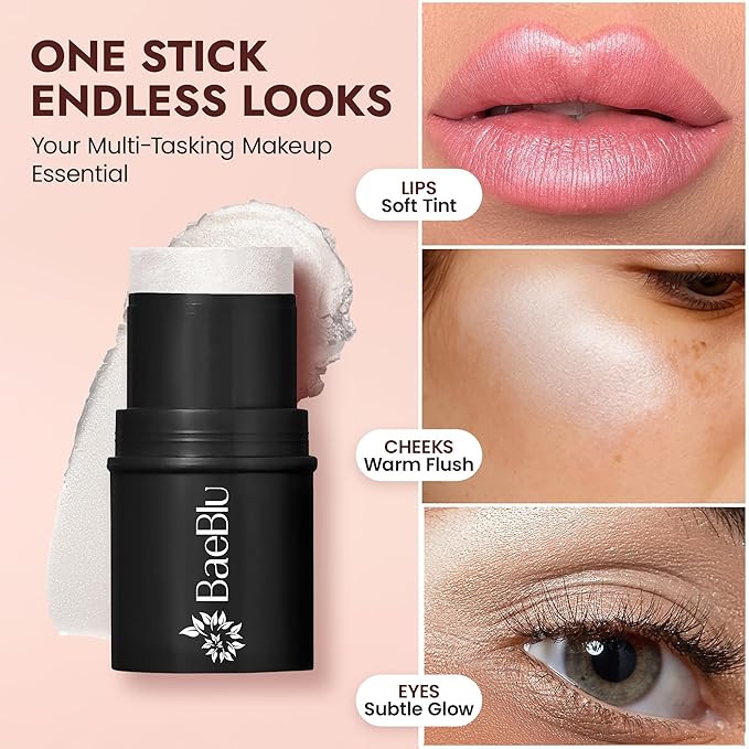 BaeBlu - Organic Blush Tube, Prosecco - 100% Natural Vegan Cream Blush Sticks, Multi-Use Bronzer, & Highlighter for Lips, Cheeks & Eyes, Buildable Shimmer, Gluten-Free, Paraben-Free, Made in USA