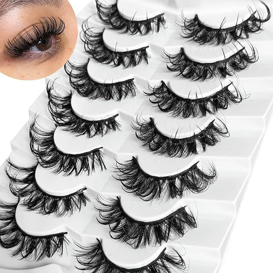 Wispy Lashes Wet Look NINGLASH D Curl False Eyelashes Natural Look Cat Eye Lashes Fake Eyelash Pack 18mm Faux 3D Mink Lashes Strips 7 Pairs