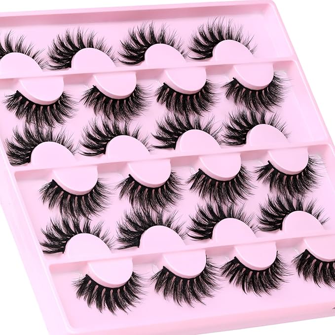 Veleasha Lashes Fluffy Eyelashes 12 Pairs C Curl False Eyelashes Natural Look Wispy Cat Eye Fake Lashes (Dopamine Pink)